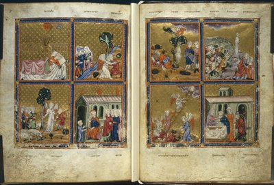 追加。 27210、f.4v-5 創世記のシーン、「The Golden Haggadah」より (ベラムにインク、色、金) 作： Spanish School