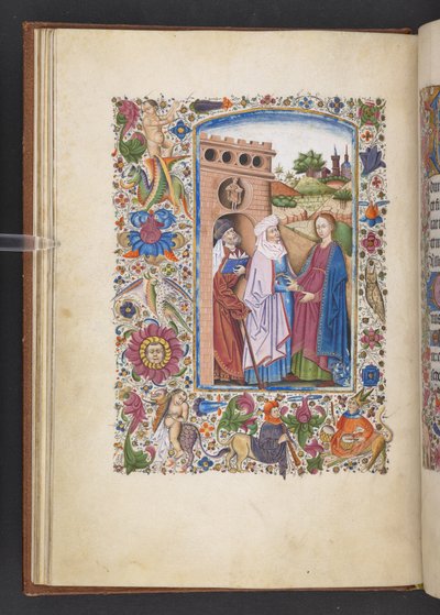 「Book of Hours」から MS 50004 f.16v The Visitation を追加 (ベラムにインク、カラー、ゴールド) 作： Spanish School