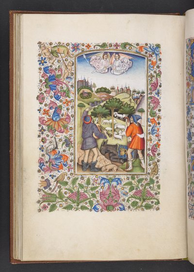 「Book of Hours」から MS 50004 f.32v Annunciation を Shepherds に追加 (ベラムにインク、カラー、ゴールド) 作： Spanish School