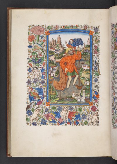 MS 50004 f.64v キリストの子を運ぶ聖クリストファー、「Book of Hours」を追加 (ベラム紙にインク、カラー、ゴールド) 作： Spanish School