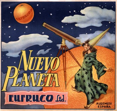 マジシャンが「新しい惑星オレンジ」を観察している広告。広告ポスター（バレンシア 作： Spanish School
