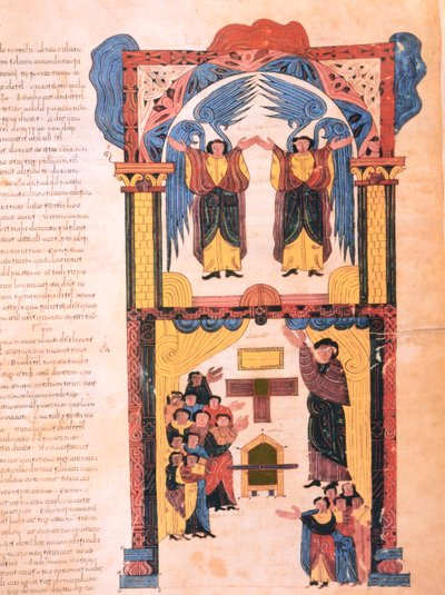 聖イシドルの西ゴート時代のモザラビック聖書、西暦960（ヴェラムのテンペラ）から、ソロモンの神殿の前に立っている契約の箱を持つ天使とダビデ（139r。） 作： Spanish School