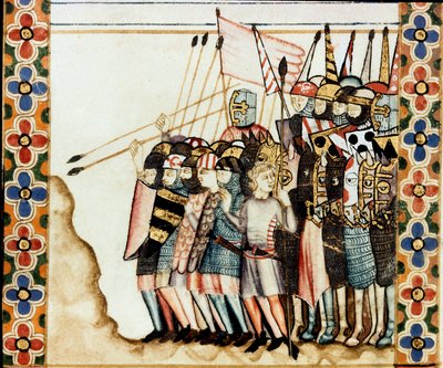 Armee des croises 聖母マリアの歌（Cantigas de Santa Maria）の写本のページの詳細 聖母マリアとその奇跡に捧げられた細密画を飾るもので、賢者アルフォンソ10世（1221-1284）の下で再制作された歌集。 作： Spanish School