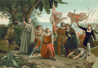 アメリカへのコロンブスの到着、1492 作： Spanish School