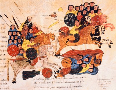 ヘブライ人とペリシテ人の間の戦い、聖イシドルの西ゴート時代のモザラビック聖書、フォア119r。、AD 960（ベラムのテンペラ） 作： Spanish School