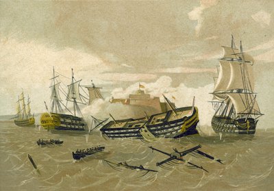 イギリスの艦隊がキューロのカスティージョデルモロを攻撃、1761年 作： Spanish School