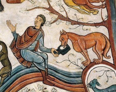 羊飼いたちへの受胎告知を表現したヴォールトの中央細部。12世紀のフレスコ画。 作： Spanish School