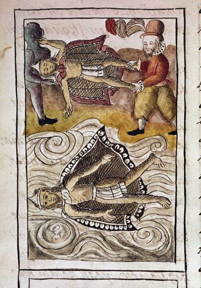 メキシコ征服の写本：イツカウツィンとモンテスマ（モクテスマ2世）アステカ皇帝（1466-1520）の遺体がスペイン人によって宮殿から投げ出される。 作： Spanish School