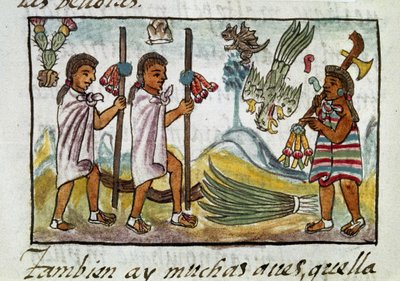 メキシコ征服の写本：ツィナカントランで変装した商人たち。ベルナルディーノ・デ・サハグンによるフィレンツェ写本「アステカの歴史」のミニチュア。 作： Spanish School
