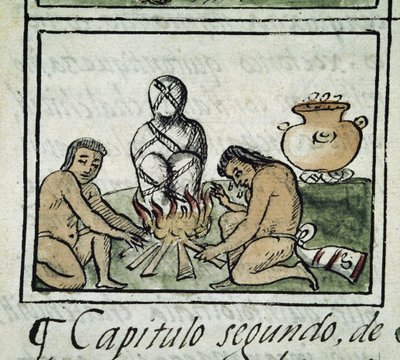 メキシコ征服の写本：死体のミイラ化 作： Spanish School
