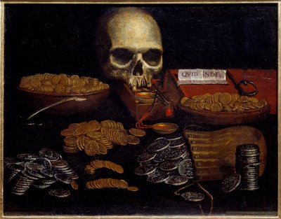 Coin Vanity 過ぎ去る時間と死、富と人間の快楽の寓意。スペイン派の絵画。17世紀 ルーアン、美術館 作： Spanish School