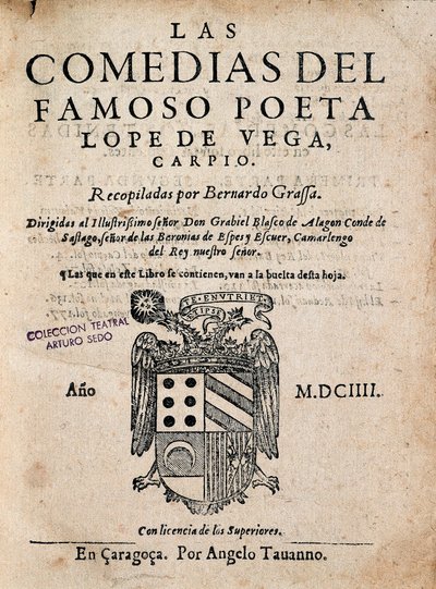 フェリックス・ロペ・デ・ベガ・カルピオ（1562-1635）の『Las comedias del famoso poeta Lope de Vega』の表紙、1604年版（印刷された単行本）。 作： Spanish School