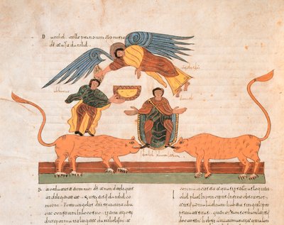 ライオンズデンのダニエル、聖イシドルの西ゴート時代のモザラビック聖書、フォロ325v、AD 960（ベラムのテンペラ） 作： Spanish School