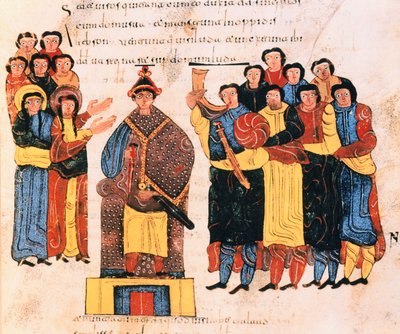 ダビデは聖イシドルの西ゴート時代のモザラビック聖書、125節、西暦960（ベラムのテンペラ）から、ユダの民の前に王と宣言されています。 作： Spanish School