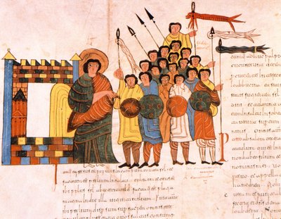 戦争のためのダビデ王軍の出発、聖イシドルの西ゴート朝モザラビック聖書、131節、AD 960（ベラムのテンペラ） 作： Spanish School