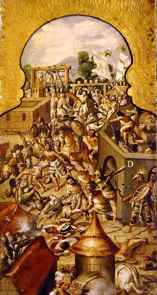 神殿長とソカロ広場の征服をめぐる戦いで犯された残虐行為の描写。 作： Spanish School