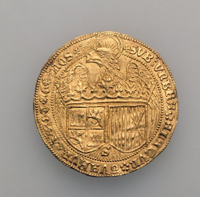 アラゴンのフェルディナンド2世（1452-1516）とカスティーリャのイザベラ（1451-1504）、セビリアミント、1475年（金）（168057を参照）の2つの優れた点 作： Spanish School