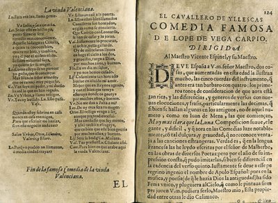 ESPINEL, Vicente (1550-1624)。スペインの音楽家、古典詩人; VEGA CARPIO, Felix Lope de (1562-1635).「El cavallero de Yllescas"、フェルナン未亡人がマドリードで出版した "Parte catorze de las comedias de Lope de Vega "に収録された喜劇。 作： Spanish School