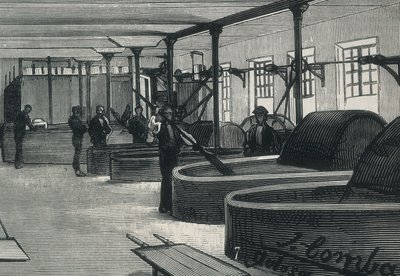 経済（19世紀）。スペインの製紙工場 "" La Guipuzcoana "" 。トロサ（ギプスコア）にあった工場のシリンダー室と洗濯機。 刻印 作： Spanish School
