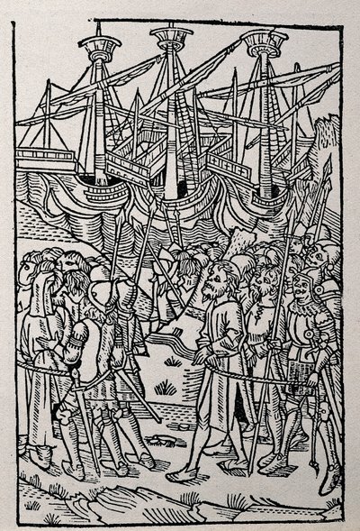 1495年にサラゴサで印刷された『ヴェスパシアヌスの歴史』のエングレーヴィング（モノクロのイラスト 作： Spanish School