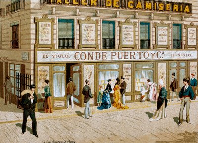 ファッション：ブティック・バルセロナのファブリック・ショップ「」Conde Puerto」の広告ポスター。19世紀 作： Spanish School