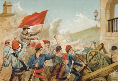 共和党の志願兵と兵士の間の戦い、サリア、バルセロナ、1874 作： Spanish School