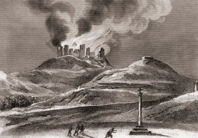 1835年にスペイン、ウエスカ、クインセナのモンテアラゴン修道院で火災（リソ） 作： Spanish School