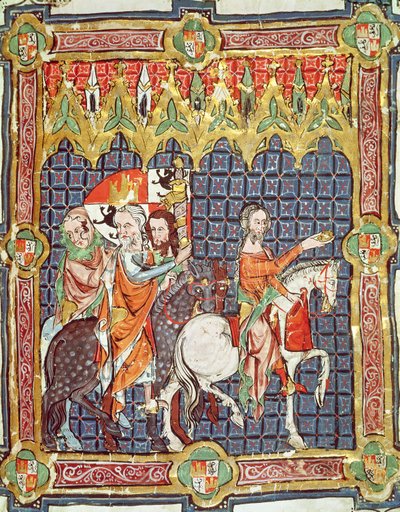 Fol.10rアルフォンソ7世（1105-57）と彼の妻、バルセロナのベレンゲラは、アラゴンとカスティーリャの王の戴冠式を描いた原稿から大司教に会うことにつながった 作： Spanish School