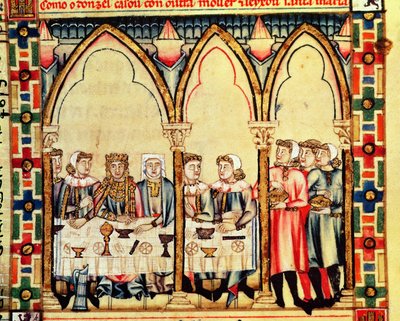 Fol.16v婚約宴会、アルフォンソXカスティーリャとレオンの賢者 作： Spanish School