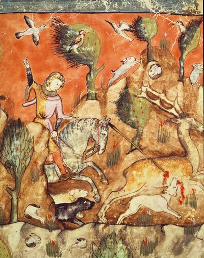 Fol.178vコーデックスベニートサンタモーラの鹿を追いかけるハンター 作： Spanish School