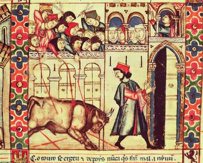 Fol.200rアルフォンソXカスティーリャとレオンの賢い王の指揮下で作られた原稿からの、リングの雄牛の死 作： Spanish School