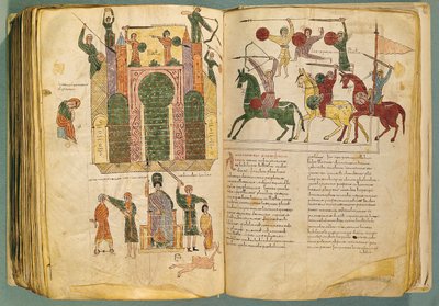 Fol.208および209vネブカドネザルによるエルサレムの攻撃と占領、黙示録の解説からの、リーバナの修道士ビータスがc.776に書いた原本のコピー（10世紀） 作： Spanish School