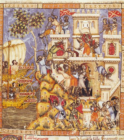 Fol.30rコーデックスベニートサンタモーラのギリシャ人の上陸、テネドス城の包囲、防衛軍の死 作： Spanish School
