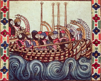 Fol.53rアルフォンソX（1221-84）のためにガラシア語で書かれた十字軍のためのボートの出発 作： Spanish School