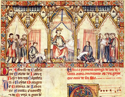 Fol.5rアルフォンソX（1221-84）カスティーリャとレオンの王、ワイズ、カンティガスデサンタマリアのミニチュア 作： Spanish School