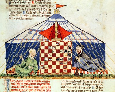 Fol.62vゲームの本、チェス、サイコロとボード、1282からテントでチェスをする2人のアラブ人 作： Spanish School