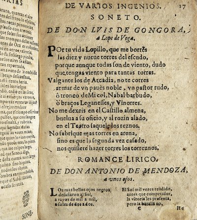 GOGOORA Y ARGOTE, Luis de (1561-1627).黄金世紀のスペインの詩人; VEGA CARPIO, Felix Lope de (1562-1635).ロペ・デ・ベガへのソネット"、イオスの編纂した "Poesias varias de grandes ingenios espanoles "に収録された詩。 作： Spanish School