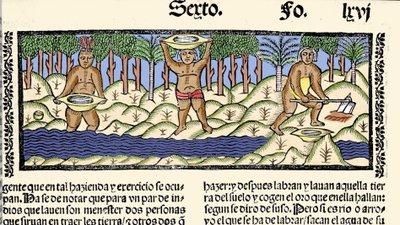 金の採掘：金を求めて川をふるいにかける先住民たち。Gonzalo Fernandez de Oviedo (Gonzalo) or Fernandez de, ou Hernandez de Oviedo y Valdes (1478-) の著書「Historia general de las Indias, islas y tierra firme del mar oceano」からの挿絵。 作： Spanish School