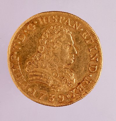 スペインの金貨（8ecu）：フィリップ（フィリッポまたはフィリップ）5世（1700-1746年）の時代。1739年 直径3.6cm ナポリ、ムゼオ・アルケオロジコ 作： Spanish School