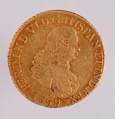 スペインの金貨（8エクウス）：フェルディナンド（フェルディナンド）6世（1746-1759）の時代。1759年 直径3.5cm ナポリ、ムゼオ・アルケオロジコ 作： Spanish School