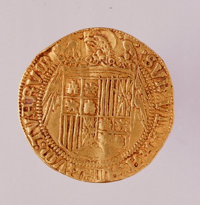 スペインの金貨：カソリックのフェルディナンド王とイザベラ王（アラゴンのフェルディナンド2世とカスティーリャのイザベラ1世）の時代。1474-1516年 直径2.7cm ナポリ、ムゼオ・アルケオロギコ 作： Spanish School