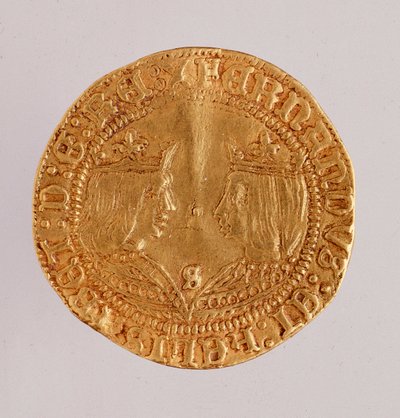 スペインの金貨：カソリックのフェルディナンド王とイザベラ王（アラゴンのフェルディナンド2世とカスティーリャのイザベラ1世）の時代。1474-1516年 直径2.7cm ナポリ、ムゼオ・アルケオロギコ 作： Spanish School