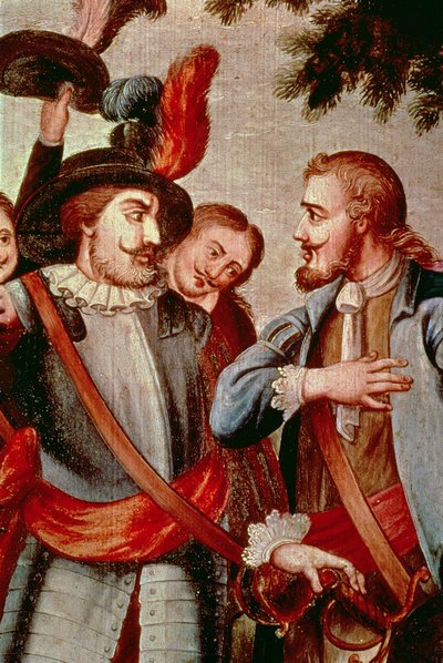 Hernando Cortes (1485-1547) と Diego di Velasquez (1465-1524) (キャンバスに油彩) (詳細) (113574 を参照) 作： Spanish School