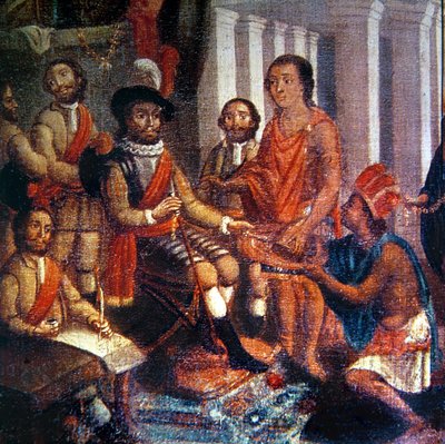 アステカのオマージュを受けるエルナンド・コルテス（1485-1547）（キャンバスに油彩） 作： Spanish School