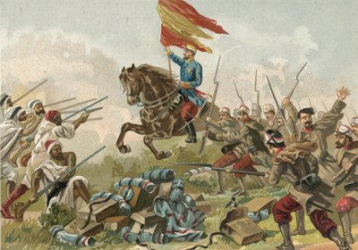 1859年、モロッコのカスティーリョスでのプリム将軍の英雄 作： Spanish School