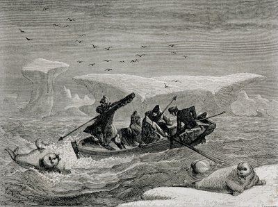 スピッツベルゲン諸島、スバールバル諸島でのモリとのセイウチの狩猟、1865年の「世界への回帰」のイラスト 作： Spanish School