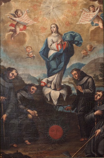園芸フランシスコ会との無原罪懐胎。 合唱団の起源。 左下に「ADEVOZION DE DA TERESA, Sanchez Yepros ?」とサイン。 18世紀。 フアン・サンチェス。 作： Spanish School