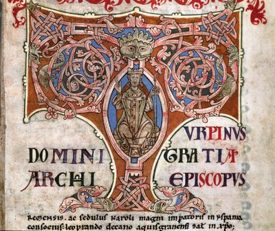 シャルルマーニュの描写を含む頭文字T、コーデックスカリクティヌスのイラスト、c.1140 作： Spanish School
