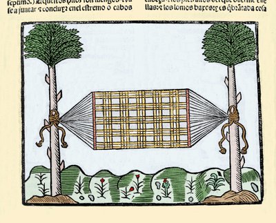 ハンモックの発明：この発明は、船に乗る船員の生活に革命をもたらした。それまでは濡れた甲板の上で寝ていたのだから。ゴンサロ・フェルナンデス・デ・オビエド（Gonzalo Fernandez de Oviedo）の著書「Historia general de las Indias, islas y tierra firme del mar oceano」に掲載されている版画。 作： Spanish School