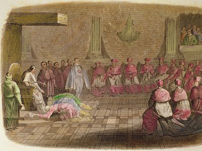 1585 年、教皇グレゴリウス 13 世の足元にひれ伏す日本大使 作： Spanish School